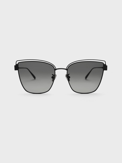 Shop Charles & Keith Wire-frame Cat-eye Sunglasses In Black