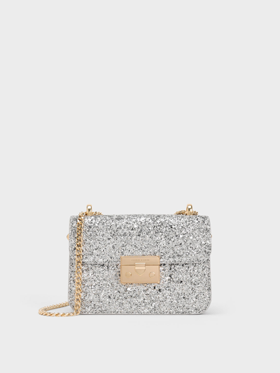 Shop Charles & Keith Glittered Push-lock Chain-handle Bag In Silver