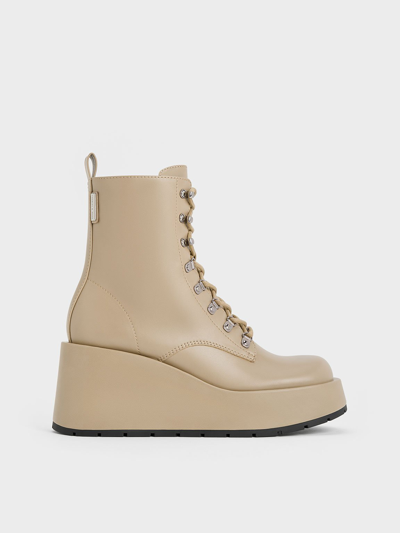 Shop Charles & Keith - Lace-up Platform Wedge Ankle Boots In Taupe