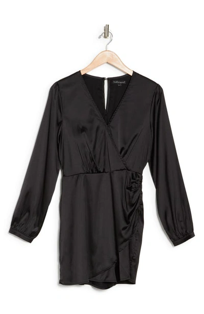 Shop Wishlist Long Sleeve Satin Faux Wrap Dress In Black