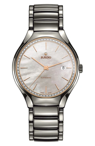 Shop Rado True Diamond Ceramic Bracelet Watch, 40mm In Grey/ Mop/ Grey