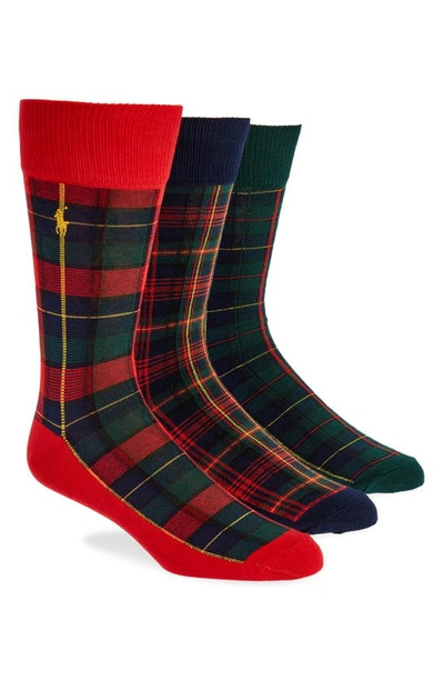 Shop Polo Ralph Lauren Assorted 3-pack Holiday Plaid Dress Socks Gift Box In Red Green