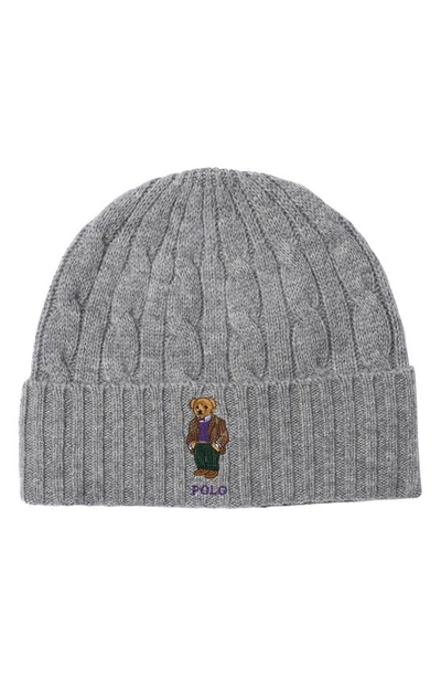 Shop Polo Ralph Lauren Heritage Bear Cable Knit Wool & Cashmere Beanie In Andover Heather