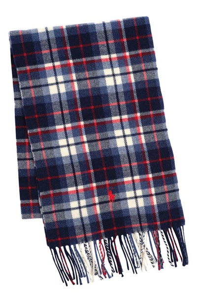 Shop Polo Ralph Lauren Plaid Recycled Wool Blend Scarf In Navy/ Cream