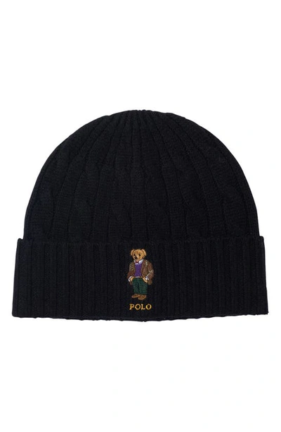 Shop Polo Ralph Lauren Heritage Bear Cable Knit Wool & Cashmere Beanie In Polo Black