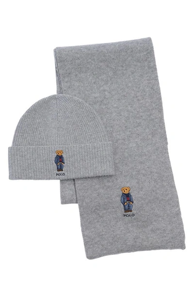 Shop Polo Ralph Lauren Classic Gents Bear Scarf & Beanie Boxed Gift Set In Andover Hthr