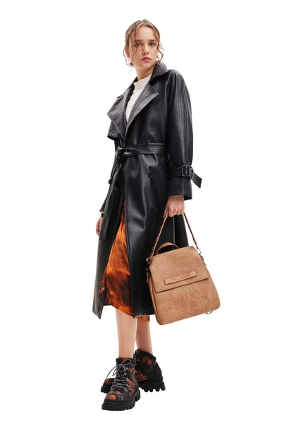 Shop Desigual Belted Faux Leather Trench Coat In Black