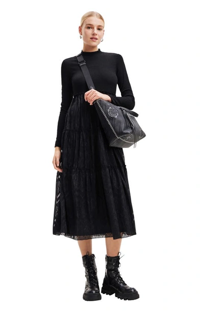 Shop Desigual Misha Metallic Long Sleeve A-line Dress In Black