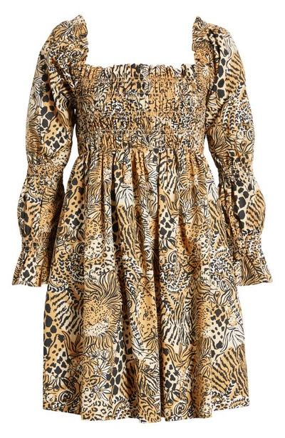 Shop Lilly Pulitzer Beyonca Print Smocked Long Sleeve Dress In Rattan Walk On The Wild Side