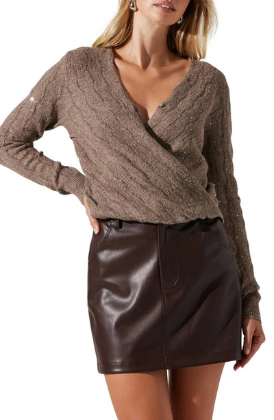 Shop Astr Metallic Sequin Surplice Cable Stitch Sweater In Fawn