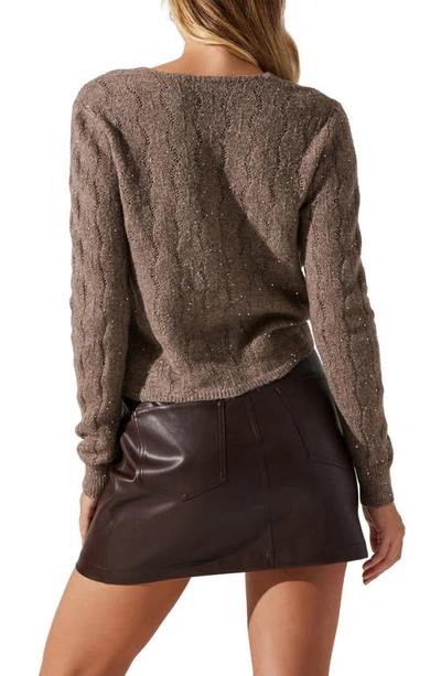 Shop Astr The Label Metallic Sequin Surplice Cable Stitch Sweater In Fawn