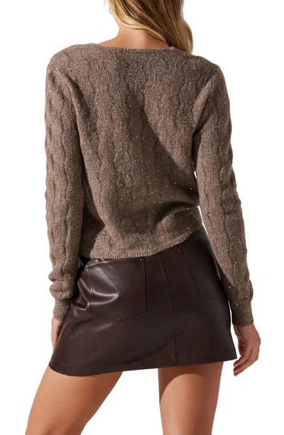 Astr Metallic Sequin Surplice Cable Stitch Sweater In Fawn