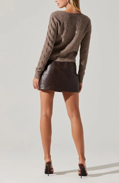 Astr Metallic Sequin Surplice Cable Stitch Sweater In Fawn