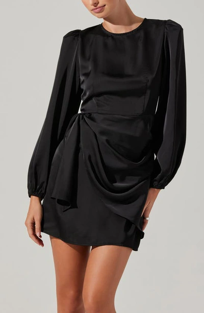 Shop Astr Long Sleeve Draped Satin Minidress In Black
