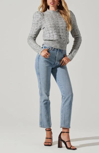Shop Astr Pointelle Puff Shoulder Sweater In Gray