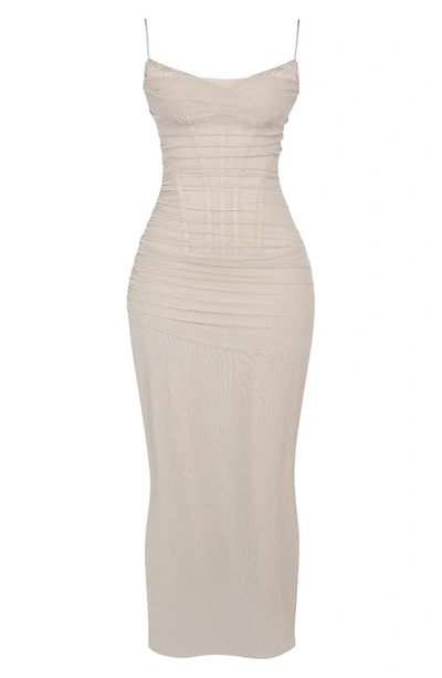 House Of Cb Nalini Floral Mesh Corset Cocktail Dress In Sand