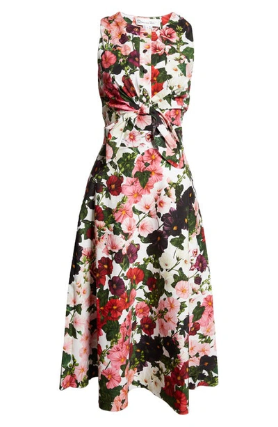 Shop Oscar De La Renta Hollyhock Print Tie Waist Sleeveless A-line Dress In Pink/ White