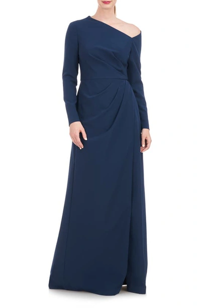 Shop Kay Unger Irina Long Sleeve A-line Gown In Night Blue