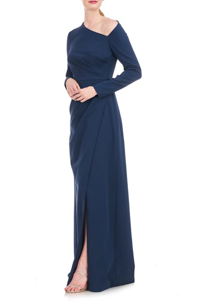 Shop Kay Unger Irina Long Sleeve A-line Gown In Night Blue