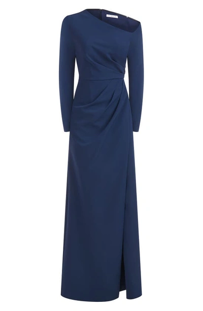 Shop Kay Unger Irina Long Sleeve A-line Gown In Night Blue