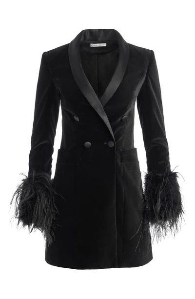 Shop Alice And Olivia Latoya Feather Trim Long Sleeve Blazer Dress In Black/ Black
