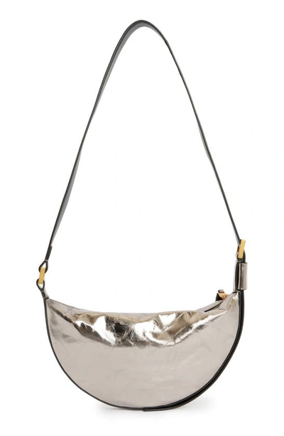 Shop Allsaints Half Moon Metallic Leather Crossbody Bag In Pewter