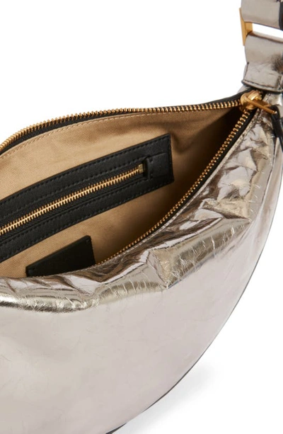 Shop Allsaints Half Moon Metallic Leather Crossbody Bag In Pewter