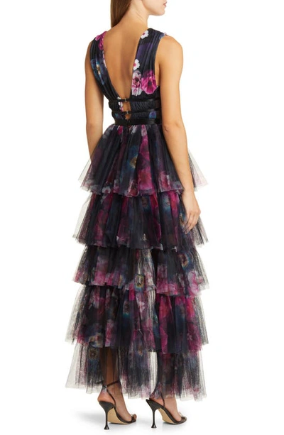 Bebe Floral Print Tiered Mesh Gown In Blue/ Red