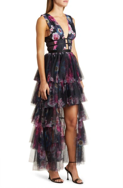 Bebe Floral Print Tiered Mesh Gown In Blue/ Red