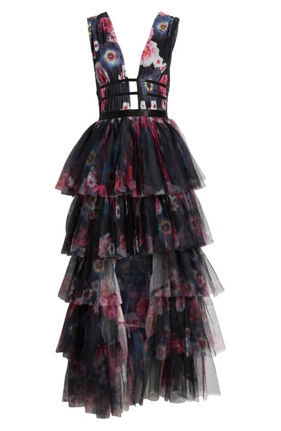 Bebe Floral Print Tiered Mesh Gown In Blue/ Red