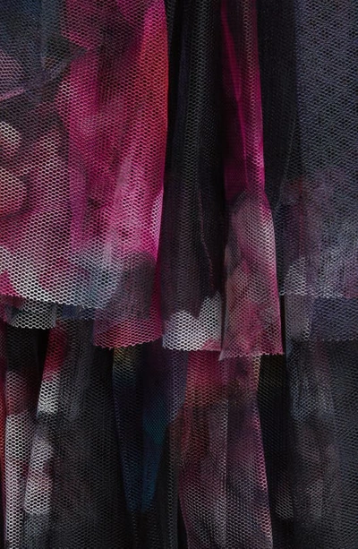 Bebe Floral Print Tiered Mesh Gown In Blue/ Red