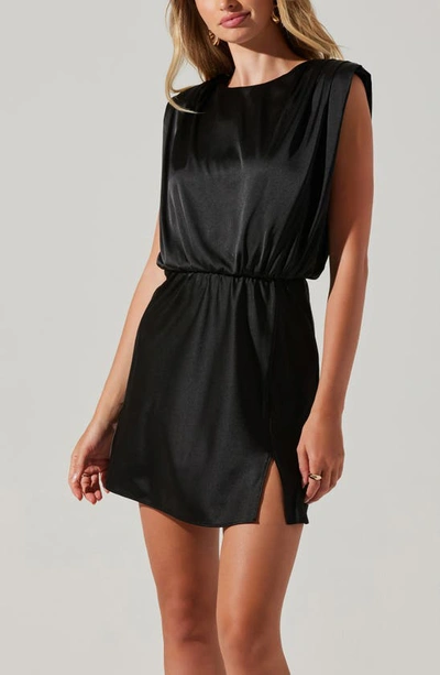 Shop Astr Strong Shoulder Satin Minidress In Black
