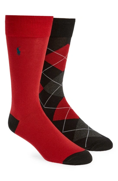 Shop Polo Ralph Lauren Argyle 2-pack Stretch Cotton Blend Socks In Red/ Black/ Charcoal Heather