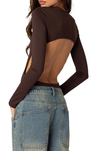 Shop Edikted Neta Back Cutout Long Sleeve Bodysuit In Brown