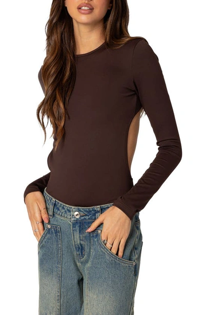 Shop Edikted Neta Back Cutout Long Sleeve Bodysuit In Brown