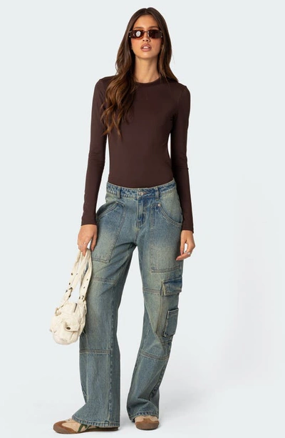 Edikted Neta Back Cutout Long Sleeve Bodysuit In Brown