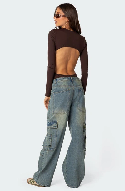 Edikted Neta Back Cutout Long Sleeve Bodysuit In Brown
