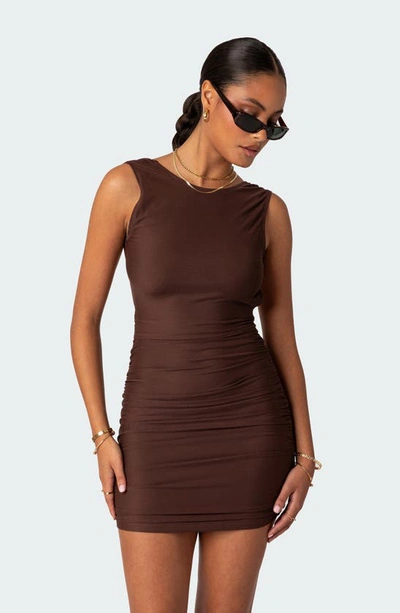 Shop Edikted Mikey Ruched Open Back Minidress In Brown