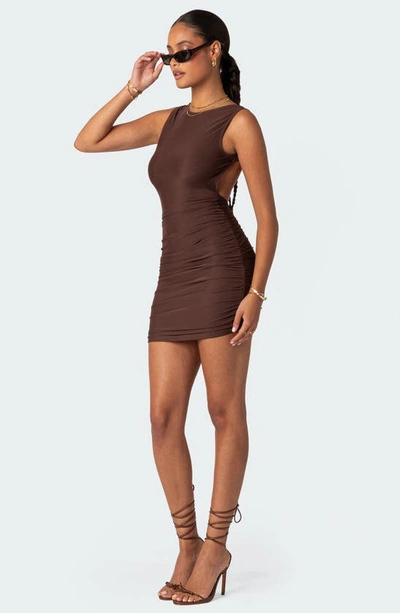 Shop Edikted Mikey Ruched Open Back Minidress In Brown