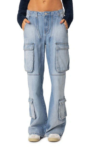 Shop Edikted Tara Low Rise Cargo Jeans In Blue-washed