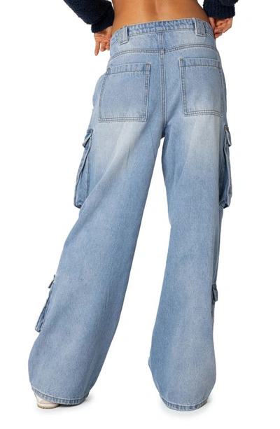 Shop Edikted Tara Low Rise Cargo Jeans In Blue-washed