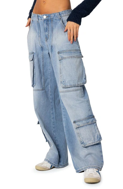 Edikted Tara Low Rise Cargo Jeans In Blue-washed