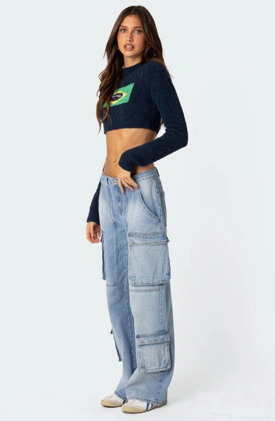 Shop Edikted Tara Low Rise Cargo Jeans In Blue-washed