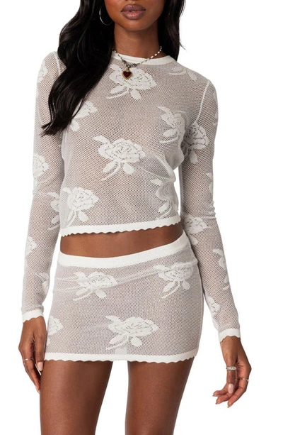 Shop Edikted Saga Floral Jacquard Open Stitch Sweater In White