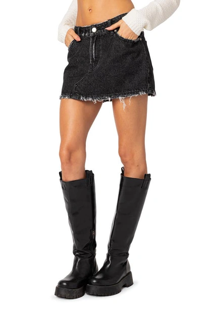 Edikted Scarlett Distressed Denim Miniskirt In Black-washed