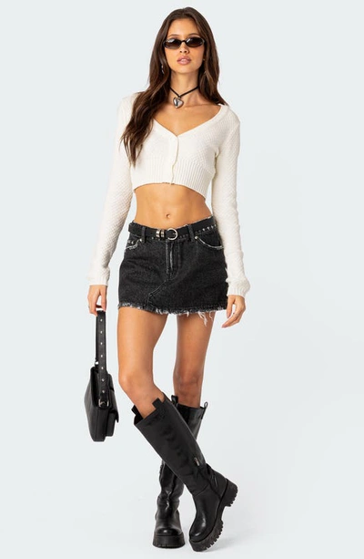 Edikted Scarlett Distressed Denim Miniskirt In Black-washed