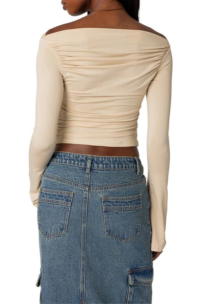 Edikted Dana Gathered Bateau Neck Long Sleeve Crop Top In Cream