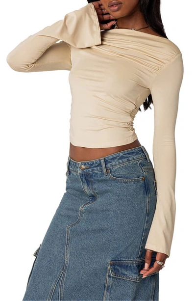 Edikted Dana Gathered Bateau Neck Long Sleeve Crop Top In Cream