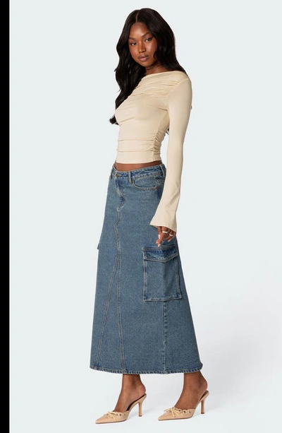 Edikted Dana Gathered Bateau Neck Long Sleeve Crop Top In Cream