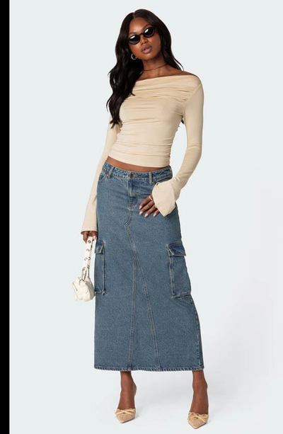 Edikted Dana Gathered Bateau Neck Long Sleeve Crop Top In Cream
